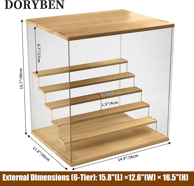 Acrylic Display Case with Adjustable LED Light, 6 Tier Clear Display Box Dustproof Showcase for Action Figures, Collectibles and Mini Toys, Assembly Display Cabinet(Wood 15.5*12.5*16.7in)