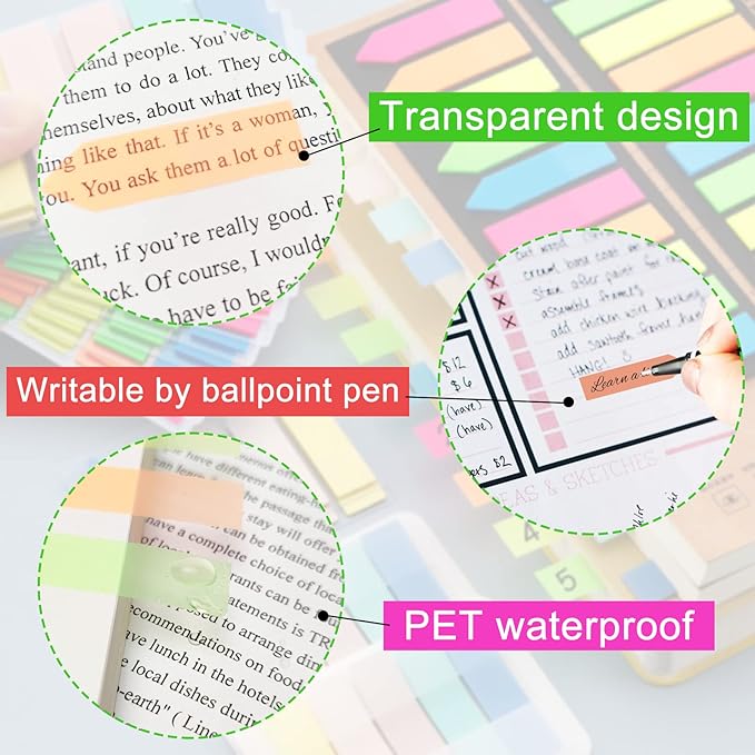 KICNIC Page Markers Colored Sticky Tabs 1600 Pcs, Translucent Arrow Flags for Page Marking, Fluorescent Index Tab Stickers for Notebooks, Small Sticky Notes Flags [8 Colors, 8 Sets]