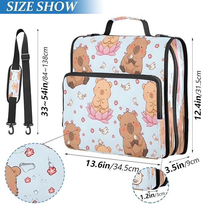 ALAZA Zipper Binder 3 Ring Cute Cartoon Capybara Lotus Binder Organizer with Zipper and Shoulder Strap Large Capacity Multi-Pocket Trapper Keeper File Folder for Office Supplies