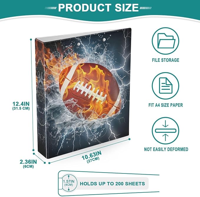 3 Ring Binder American Football Sport 1.5 Inch Three Ring Binder | Cute Binder with 3 Storage Pockets for Women School Office Supplies