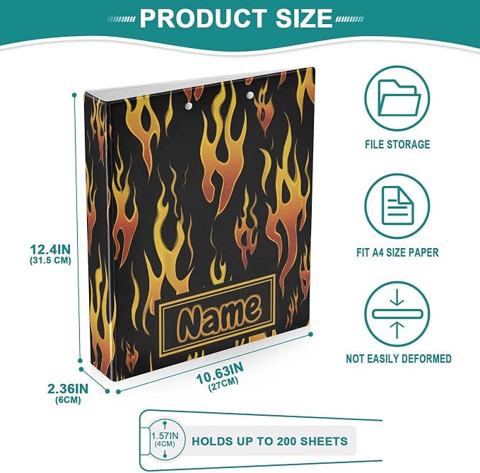 Custom 3 Ring Binder Yellow Orange Fire Flames 1.5" Round Ring Binders Personalized Name View Binder with 200 Sheet for Kids School Supplies Women Men Office, 1 Pack