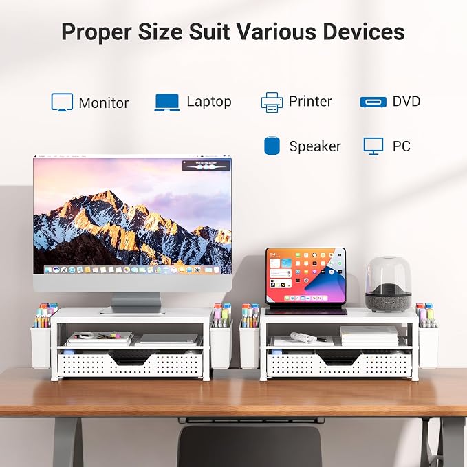 Wood Metal Monitor Stand Riser, Laptop Stand for Desk, Office Desk Organizer and Accessories, Computer Desktop Shelf with Drawer and Pen Holder, Printer Stand for Home, Office, Dorm (White Wood)