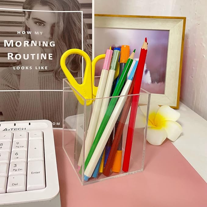 Mototo 4 Pieces Clear Acrylic Pen Holder Acrylic Pencil Cup Makeup Bush Holder Acrylic Desktop Stationery Organizer for Office, School, Home Desk Accessories - 4 Pack, Square