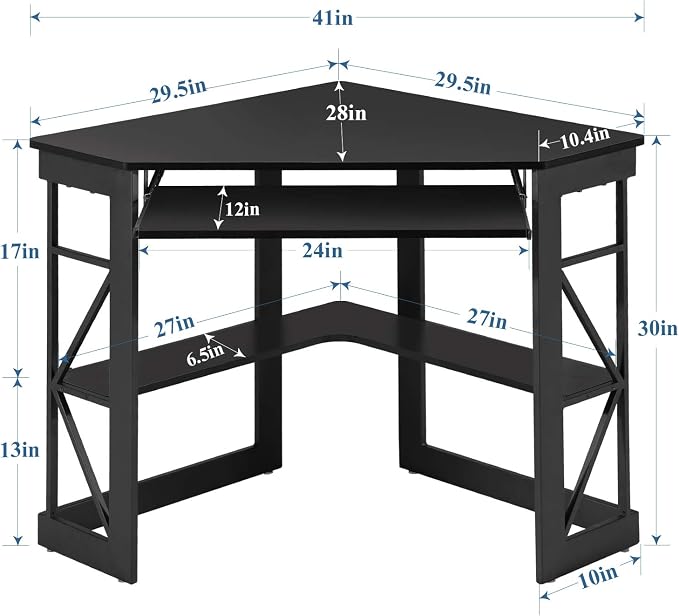 VECELO Corner Desk Computer Desk Writing Table with Smooth Keyboard Tray & Storage Shelves,Compact Home Office Triangle Table,Black