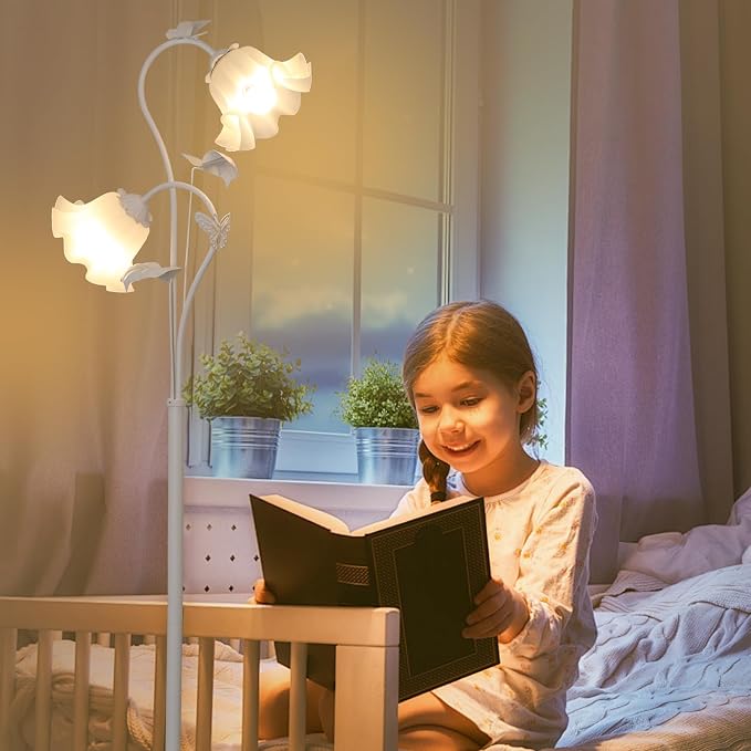 HMVPL White Flower Standing Lamp, Floral Tall Lamp with 2 LED 5W Blubs, Foot Switch, Modern Corner Floor Lamp with Acrylic Shade, Antique Lotus Flower Floor Lamp for Living Room Office Reading