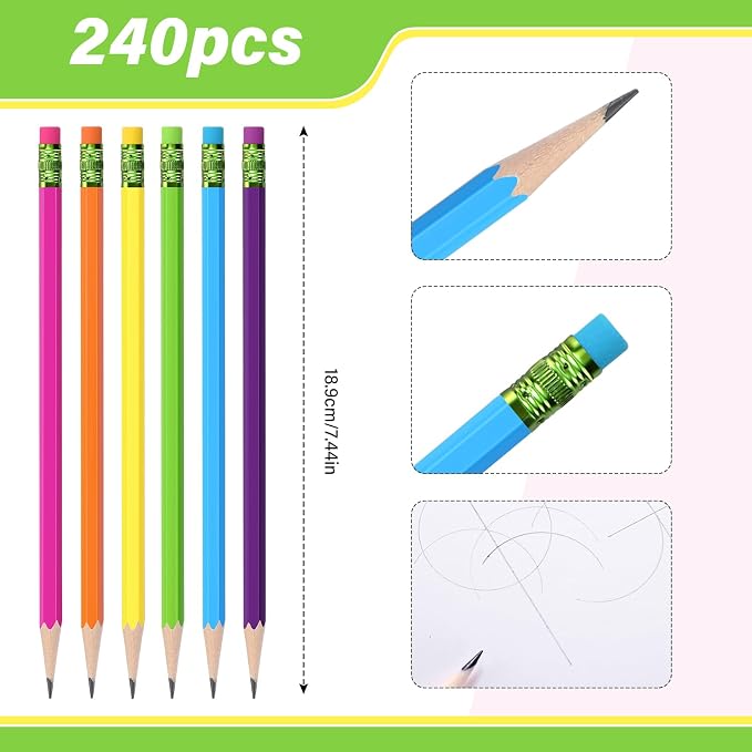 TecUnite 240 Pcs HB #2 Unsharpened Pencils with Eraser Wooden Hexagonal Graphite No 2 Pencils for Students Adults Gifts Exams School Office Sketching(Rainbow)