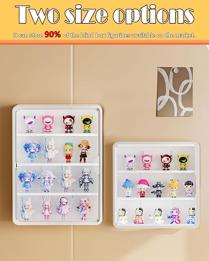 Wall Mounted Display Case for Figures, 15.75" High, Shadow Box with Shelves | Hanging Trinket Display Shelf for Collectibles Action Doll Blindboxes, 4-Layer White Shelf with Clear Magnetic Door 1 Pack