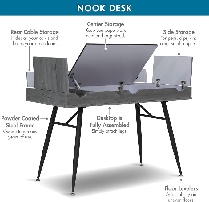 Calico Designs Nook Modern Office Laptop Writing Desk- 47.25″ Wide Home Workstation Space-Saving with Storage Compartments, Greywash