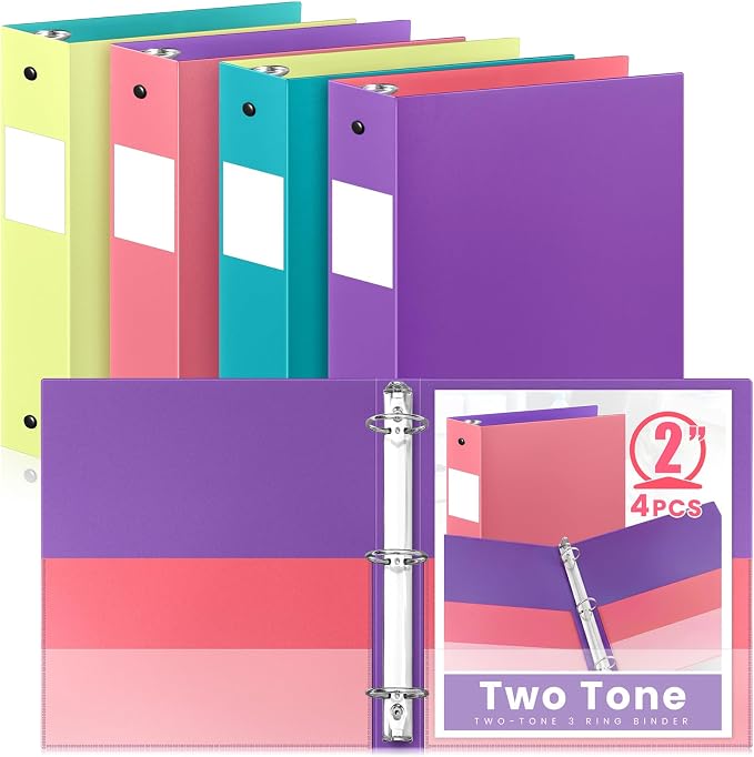 Henoyso 4 Pack Two-Tone Durable 3 Ring Binders 2 Inch, 4 Inner Pockets, Colored Plastic Flexible Binders with Large Capacity for School & Office