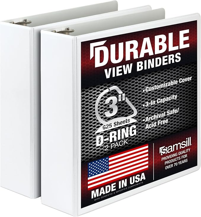 Samsill Durable 3 inch 3 Ring Binder, D Ring Binder,100% Recycled Chipboard, White, 2 Pack