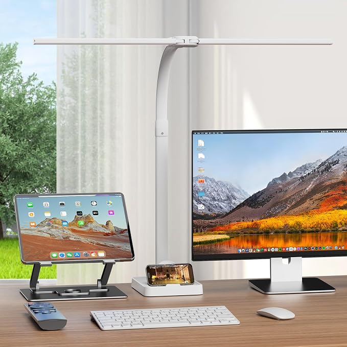 LED Desk Lamp with Base - Bright Dimmable Computer Lamp with Phone Holder, 24W Bendable Desk Light for Monitor Screen, Eye-Caring Tall Desktop Light for Task Home Office Work, White, Dual Head