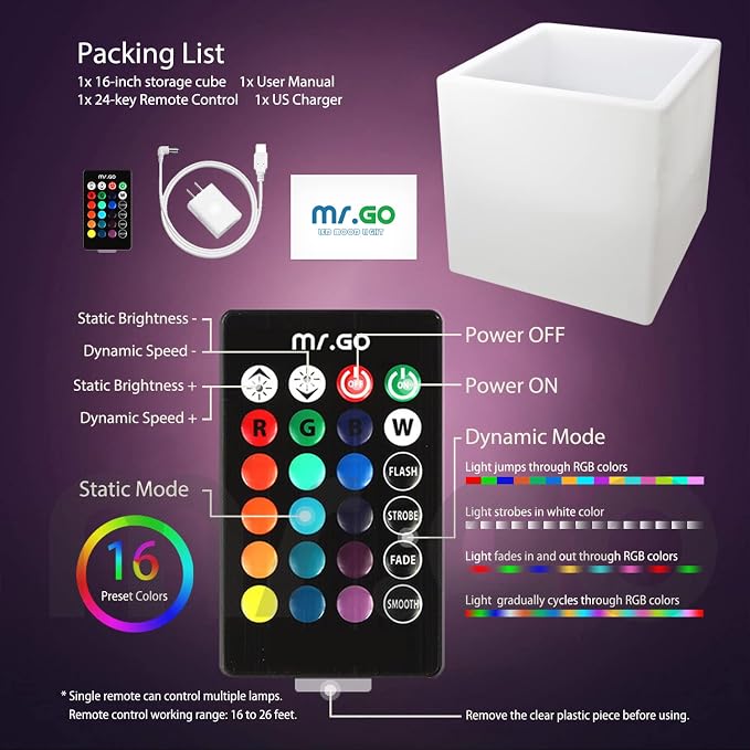 Mr.Go 16" Hollow LED Light Cube, RGB Glowing Storage Container & Ice Bucket | Adjustable RGB Lighting Effects, IP65 Waterproof Multi-Use Cube as Plant Pot, Side Table, Party Decor Indoor & Outdoor Events