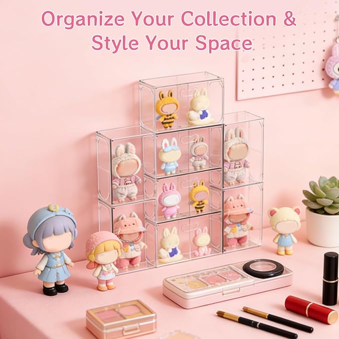 Kuject 8 Pack Clear Display Cases for Collectibles, 2:3 Aspect Ratio Stacking for DIY Display Shelves, Small Figure Display Cases for Labubu with Magnetic Door & Dividers, Dustproof Toy Organizers