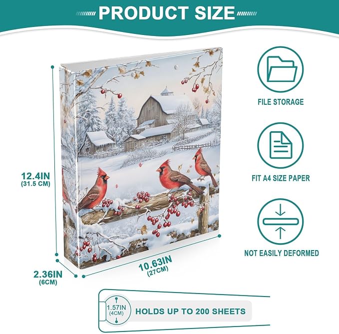Winter Red Birds Snowy Farm House 3 Ring Binder 1.5" Decorative D-Ring Binder with Clipboard&3 Clear Pockets, Holds 200 Sheets A4 Size Paper Waterproof Binders for School Home Office
