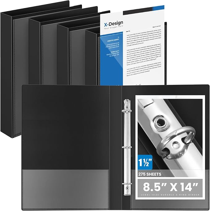 Henoyso 4 Pcs 1.5" Legal Size PP Plastic Binders with View Cover, Durable 3 Ring Black Binders for 8.5" x 14" Paper, Hold up to 275 Sheets for Documents, Office, Home, Work Places
