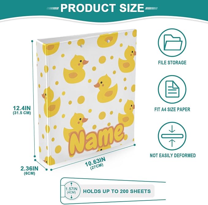Custom 3 Ring Binder Cute Yellow Ducks 1.5" Round Ring Binders Personalized Name View Binder with 200 Sheet for Kids School Supplies Women Men Office, 1 Pack