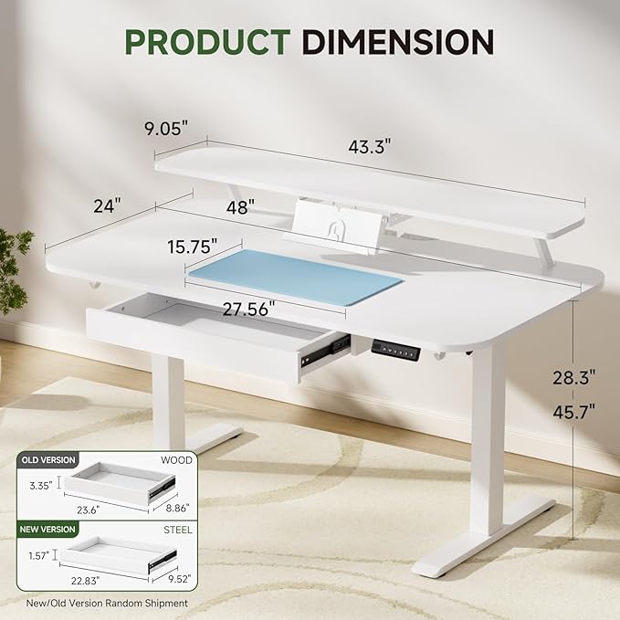 GTPLAYER Electric Standing Desk with Drawers, 48 x 24 Inches Height Adjustable Computer Desk with Monitor Stand, Laptop Stand, Sit Stand up Desk with Memory Preset for Home, Office, White