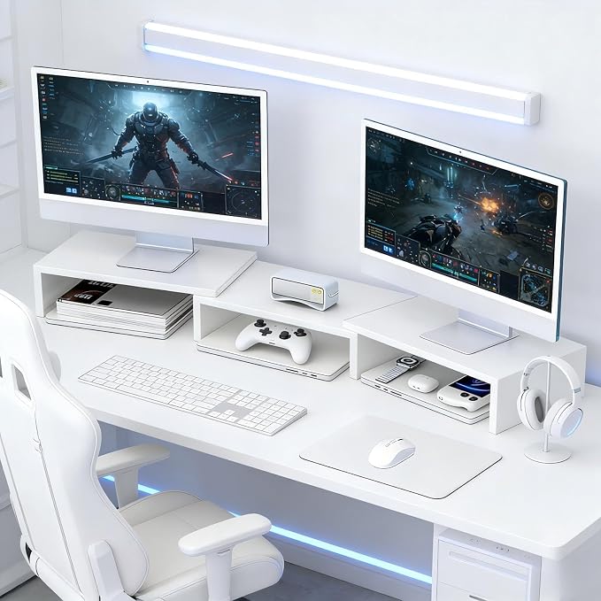 Desk Organizers and Accessories, Dual Monitor Stand Riser, Monitor Desk Shelf for Desktop Organization (White)