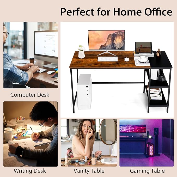 Multifunctional Computer Desk, Industrial Study Writing Desk w/Removable Storage Shelf, Heavy-Duty Metal Frame, 55 Inch Desk for Home Office, Gaming Room, Bedroom (Rustic Brown)