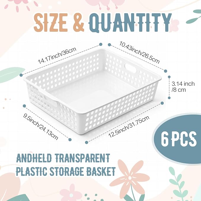 Geetery 6 Pack Classroom Storage Baskets with Handle,White | 14''x10'' Paper Tray Holds A4 Turn in Trays Plastic Paper Baskets Desk Organizer Bin for Classroom, Library, Office, Home