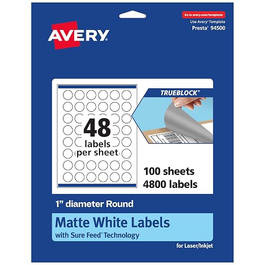 Avery® TrueBlock® Matte White Round Labels, Sure Feed® Technology, 1" Diameter, 4,800 Matte White Labels, Print-to-The-Edge, Laser/Inkjet Printable, Great for Product Merchandising Stickers