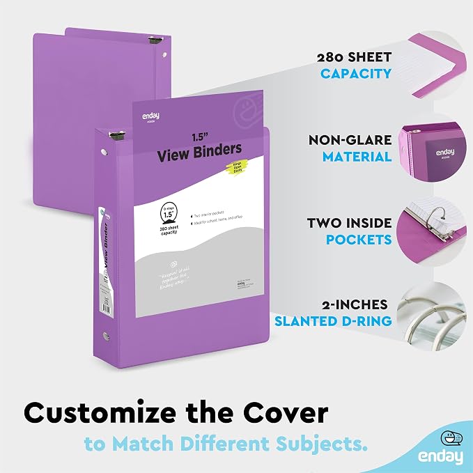 Enday 1.5 Inch Binder (6 Pack - Purple) 3 Ring Binder 1.5 inch with Clear View Cover and 2 Inside Pocket - for Letter Size 8.5 x 11'' Paper, Ideal for School Supplies, Office, and Home