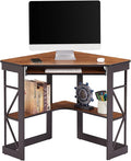 VECELO Corner Desk Computer Desk Writing Table with Smooth Keyboard Tray&Storage Shelves for Small Spaces/Compact Home Office Triangle Table,Teak Brown