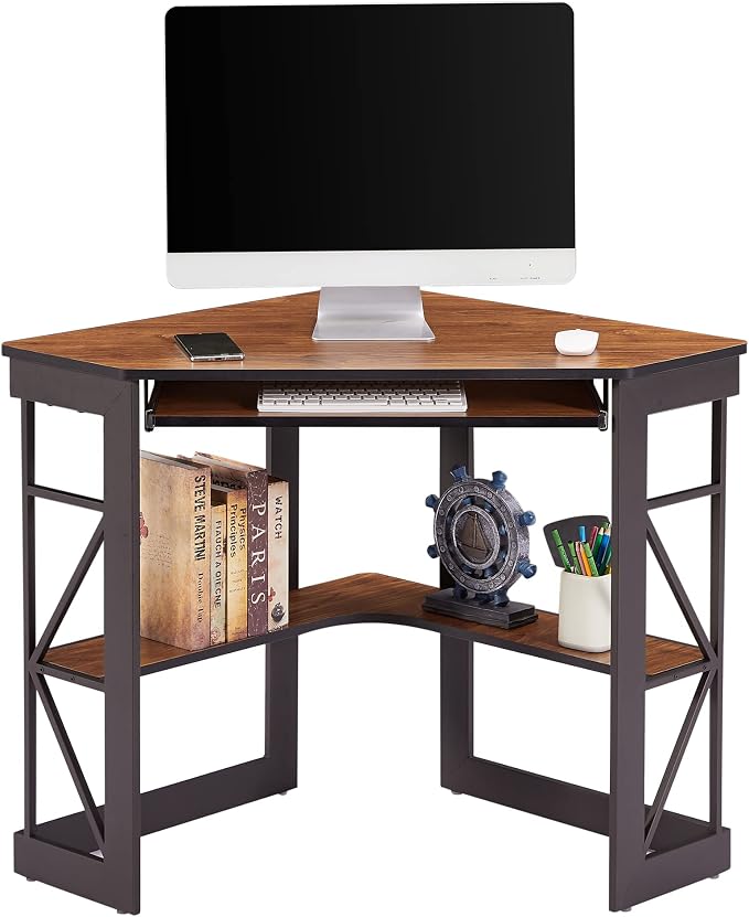 VECELO Desk, Corner Tables for Living Room for Small Space Triangle Computer Desk with Steel Frame Corner Shelves with Metal Frame Writing Desk for Workstation Brown 41"