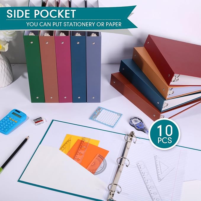 Ctosree 10 Pack Colored 3 Ring Binder with 2 Pockets Hardcover Loose Leaf Binder for Women Men Teacher Student School Office Home Supplies, Fits 11 x 8.5 Size Paper, 10 Colors(1.5",Business Color)