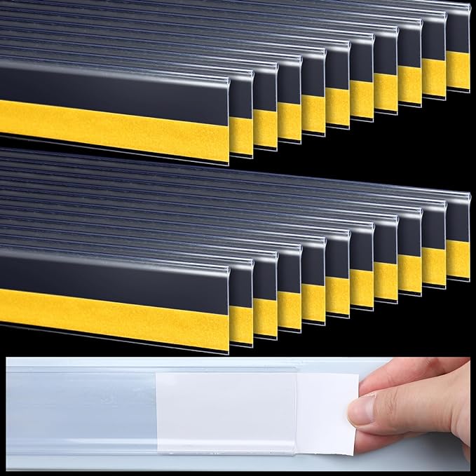 Fainne 50 Pcs Shelf Label Strips 1.25''H x 48 L Self Adhesive Shelf Label Holder Gondola Price Tag Stick on Plastic Clear Ticket Channel for Metal Wood Plastic Rack