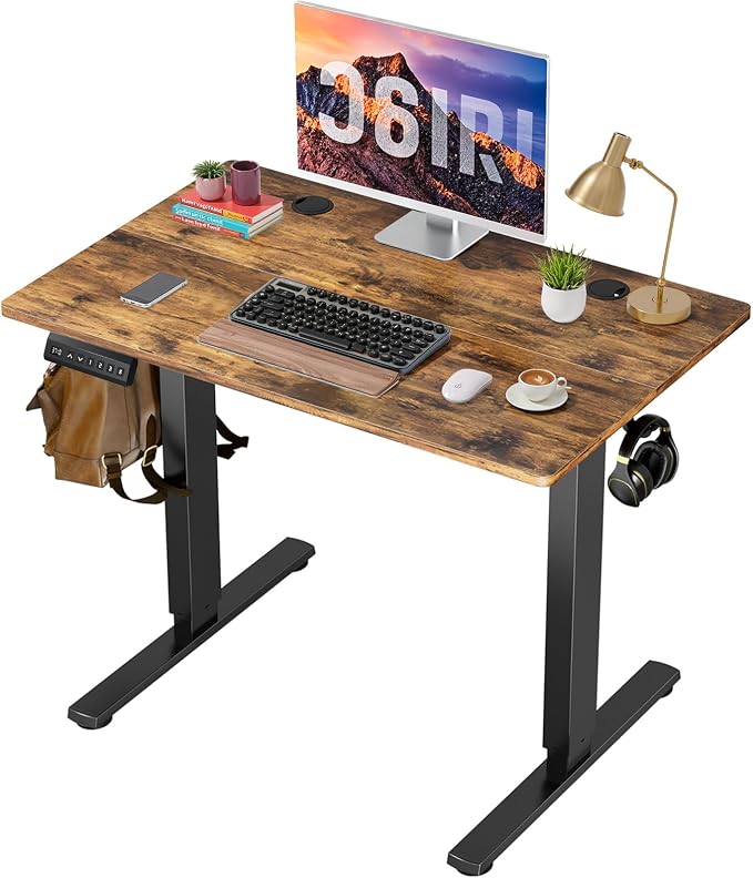 40 x 24 in Electric Standing Desk - Memory Height Adjustable | Ergonomic Sit-to-Stand Rising Computer Table Gaming Workstations with 2 Hooks and Wire Hole for Home Office, Brown