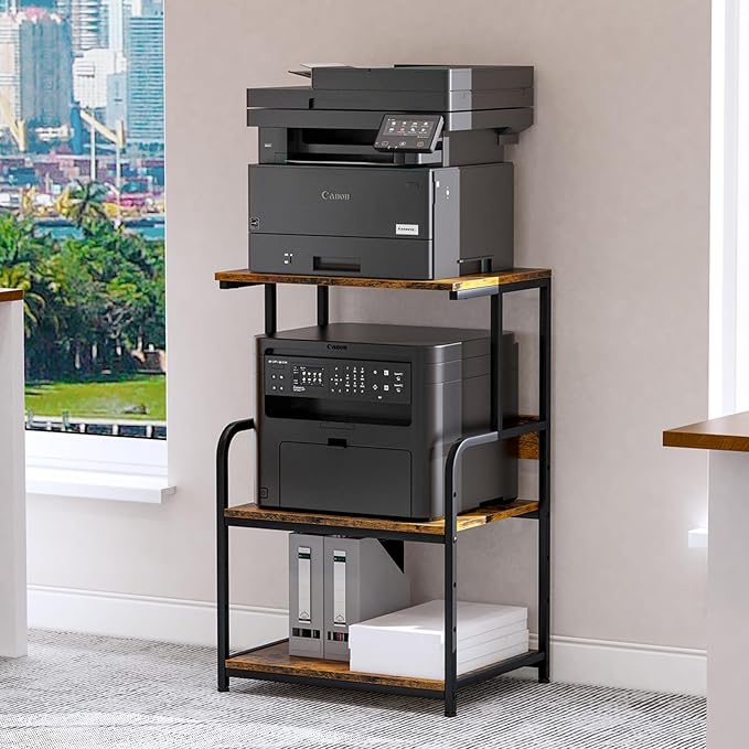 Arbuxzuy Printer Stand with Storage Shelf,3 Tier Printer Cart with Wheels,Mobile Printer Table for Home Office,Stands for Printer Heat Press Scanner Fax,Industrial Style (Brown)