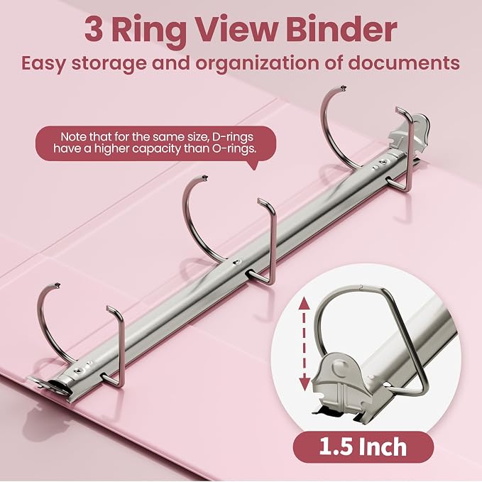 SUNEE 3 Ring Binder 1.5 Inch D Ring, Clear View Three Ring PVC-Free (Fit 8.5x11 Inches) for School or Office Supplies, Pink, 1 Pack