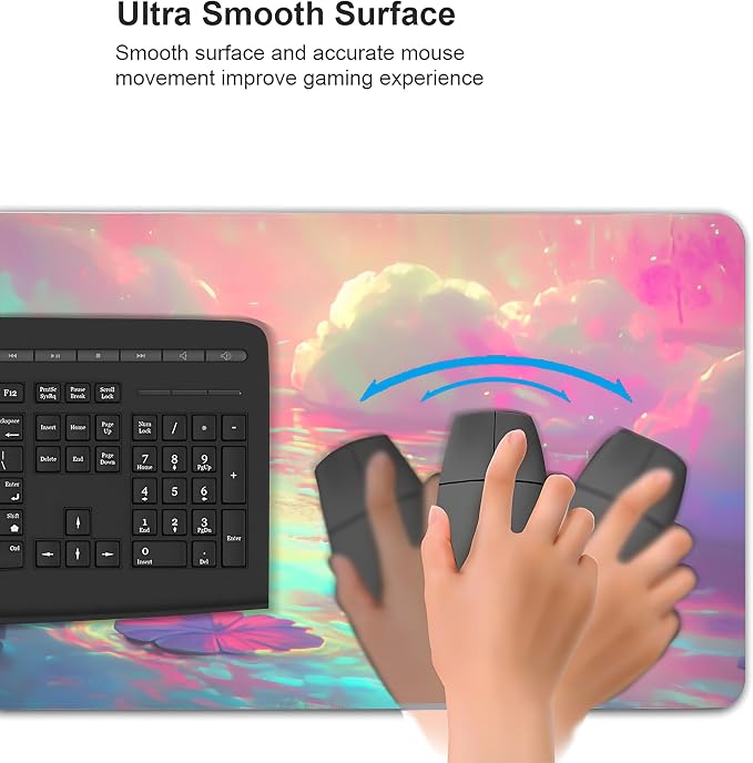 Anime Black Cat Gaming Mouse Pad, Blue Pink Dreamy Desk Mat with Anti-Slip Base & Stitched Edges,35.4" x 15.7" in Table Mat for Computer Desktop, Beautiful Workstation Decor