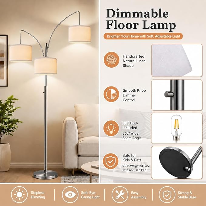 Nintiue Dimmable Floor Lamp - 3 Lights Brushed Nickel Arc Floor Lamps for Living Room,1000LM Modern Tall Standing Lamp with White Shades,Mid Century Tree Floor Lamp for Bedroom,3 LED Bulbs Included
