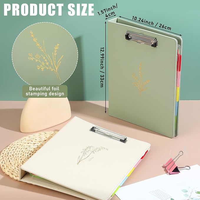 Honoson 2 Sets Leather 3 Ring Binder with Clipboard 1.5 Inch Aesthetic Binders Organizer Fit Letter Sized Paper 13 x 10.2 with 5 Tabs Pockets Dividers Folder and Divider Stickers for School Office