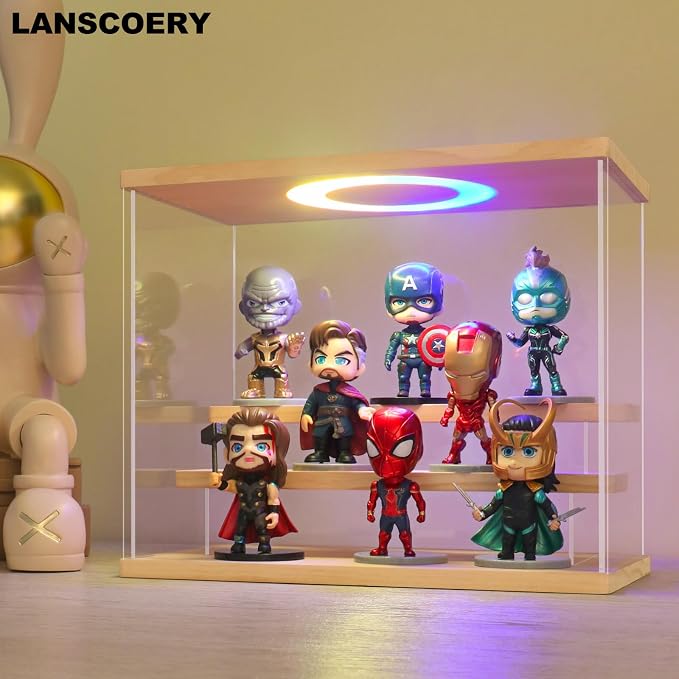 LANSCOERY Acrylic Display Case with RGBW Lights, 3 Tier Wood Finish | 11.8 x 6.3 x 9.4 in case displays small figures on desks or shelves with tiered rows and front access.