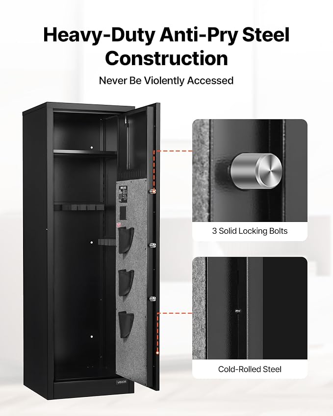 VEVOR 8-10 Gun Safe, Long Gun Cabinet for Rifles and Pistols, Quick Access Rifle Safe with 3 Pistol Pockets and Adjustable Racks, Digital Cabinet with Fingerprint and Password Lock(Assembly Required)