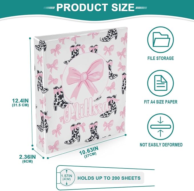 Pink Bows 3 Ring Binder with Clipboard Round Ring Binders Black Cow Name Custom Binder 3 Interior Clear Pockets for Office Supplies 1 Pack
