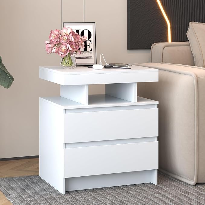 dnbss LED Nightstand with Charging Station, Smart Bedside Table, White | Modern Night Stand, Floating Desktop, 2 Drawers, 1 Compartment, Human Body Sensor, for Bedroom Living Room Office Storage