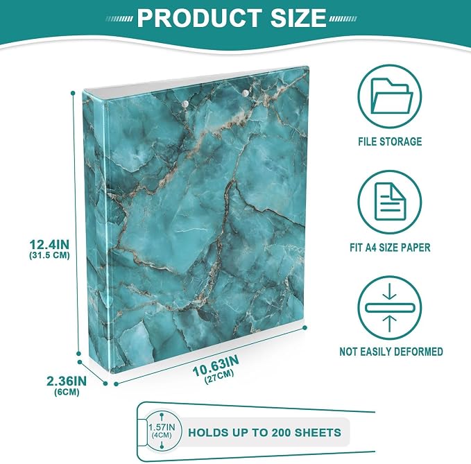 Teal Marble Pattern 3 Ring Binder 1.5 Inch 2 Pack with 200 Sheet for Kids School Supplies Women Men Office