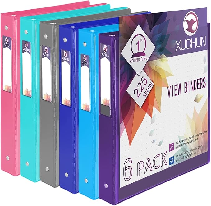 XUCHUN 3 Ring Binders 1 Inch,Clear View Binder with 2 Pockets, Holds 225 Sheets 8.5x11 Inches Paper, Customizable Cover & Spine,Binders for Office, School, Home, Business,6 Pack