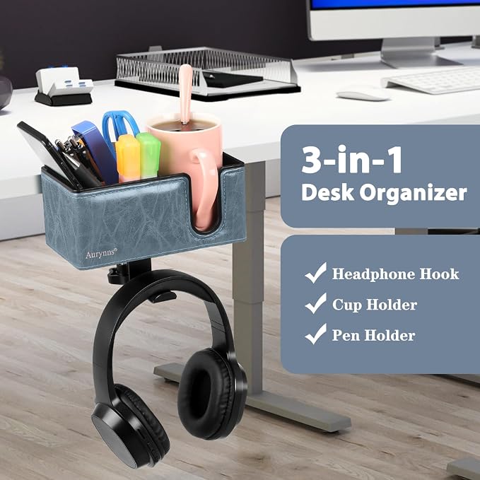 Under Desk Cup Holder Clamp on Cup Holder PU Leather Clip on Desk Organizer | Desk organizer with pencil holder clamp on side, under desk hanging organizer, clip on cup holder desk phone stand holder PU