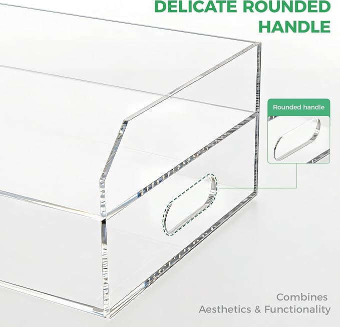 Paper Tray Organizer for Desk, 2 Tier Acrylic Desk Organizers and Accessories, One-Piece Integrated A4 Paper Organizer with Handles, Crystal-Clear Letter Tray & Compact Office File Holder