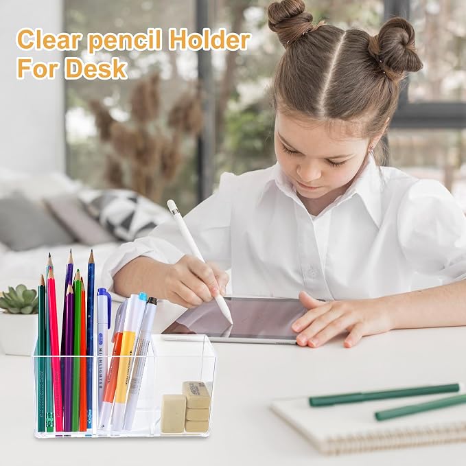 Lemecima 5 Pack Acrylic Pen Pencil Holder - 3 Compartment Clear Pencil Pen Organizer for Office Home Supplies Desk Accessories