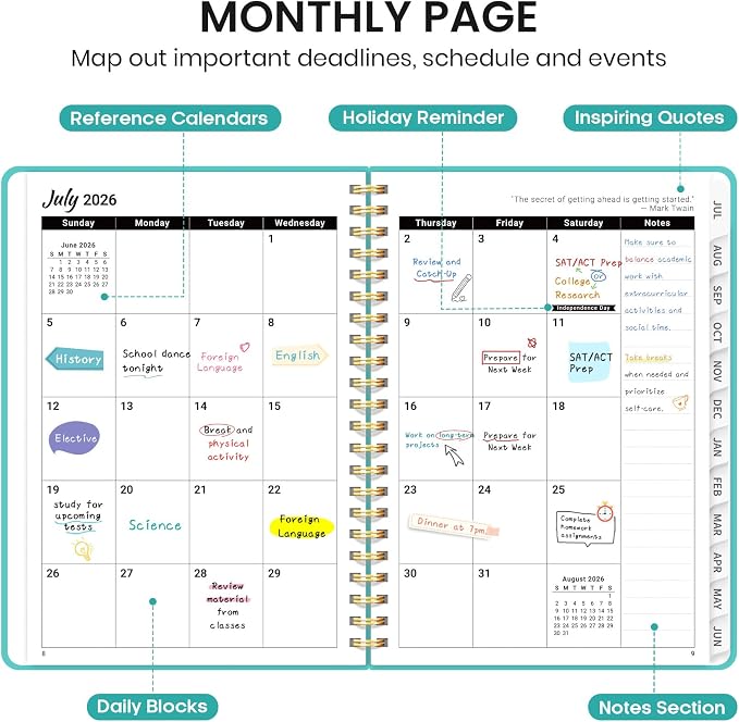Taja Planner 2026-2027, Jul 2026-Jun 2027 Monthly & Weekly Calendar Book | 6.3" x 8.5", Hardcover Academic Calendar with Tabs, Teacher Student Agenda Book for School Office Supplies - Aquamarine