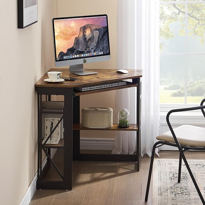 VECELO Corner Desk Computer Desk Writing Table with Smooth Keyboard Tray & Storage Shelves,Compact Home Office Triangle Table,Antique Brown