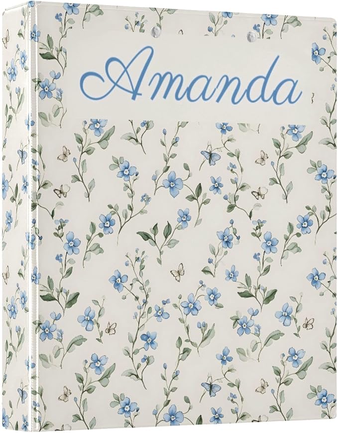 Custom Personalized Name Blue Flowers Pattern 3 Ring Binder 1.5 Inch