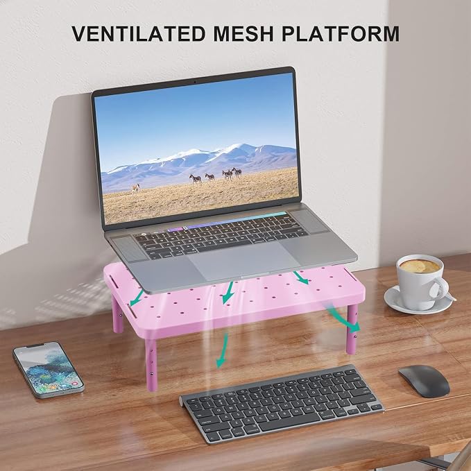 WALI Computer Monitor Stand for Desk, Adjustable Laptop Riser, up to 44 lbs | Desk Monitor Riser Underneath Storage, Fits Notebook, Laptops, Printers, for Home, Office, School (PTT001-P),1 Pack, Pink