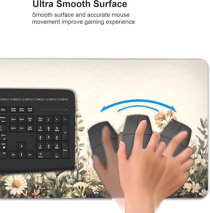 Floral Aesthetic Wildflower Gaming Mouse Pad, Beige Vintage Botanical Desk Mat with Anti-Slip Base & Stitched Edges, Office & Home Desk Decor for Women, 35.4" x 15.7" in Computer Desktop Mat